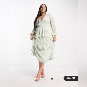 ASOS DESIGN Curve MIDI dress with long sleeves and circle trim in sage green NWT